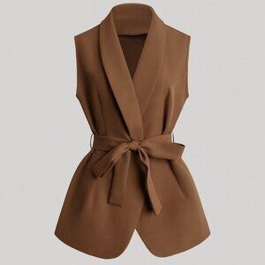 Brown Elegant Women's Sleeveless Shawl Collar Coat & Pants Set